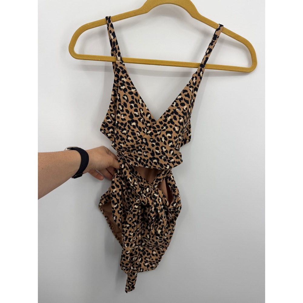 Aerie Leopard‎ Wrap Cut Out One Piece Swimsuit Women Large Brown Animal Print